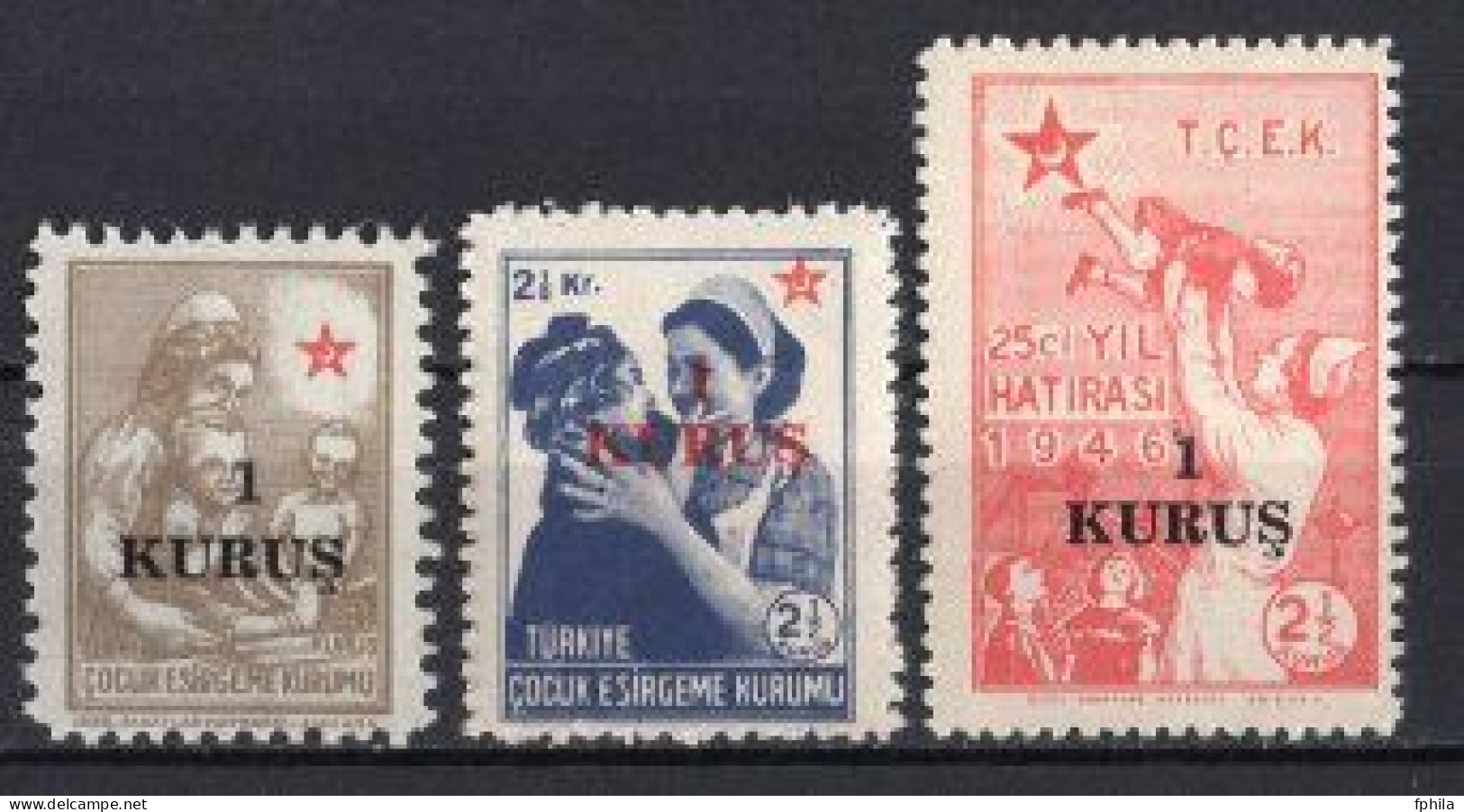 1952 TURKEY SMALL 1 KURUS SURCHARGED TURKISH SOCIETY FOR THE PROTECTION OF CHILDREN STAMPS MNH ** - Liefdadigheid Zegels