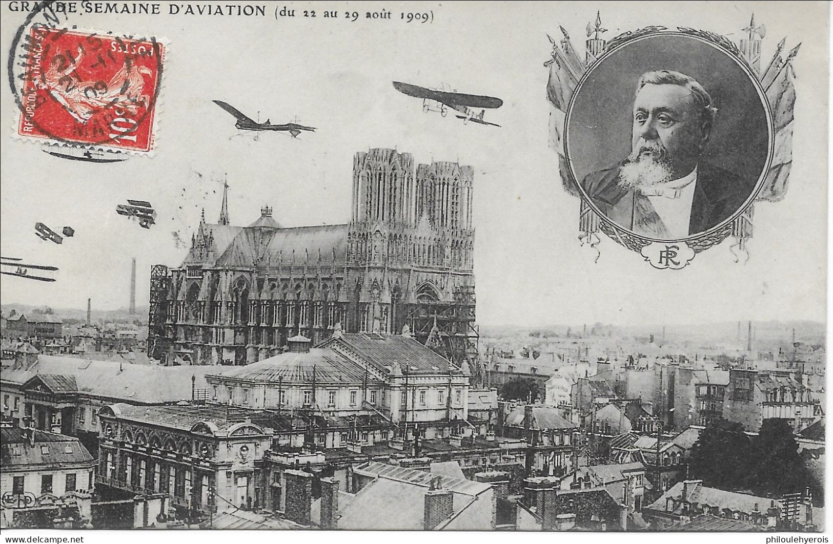 CPA GRANDE SEMAINE D'AVIATION Du 22 Au 29 Août 1909 Cachet Beaumont Sur Vesle Dans La Marne Président FALLIERES - Meetings