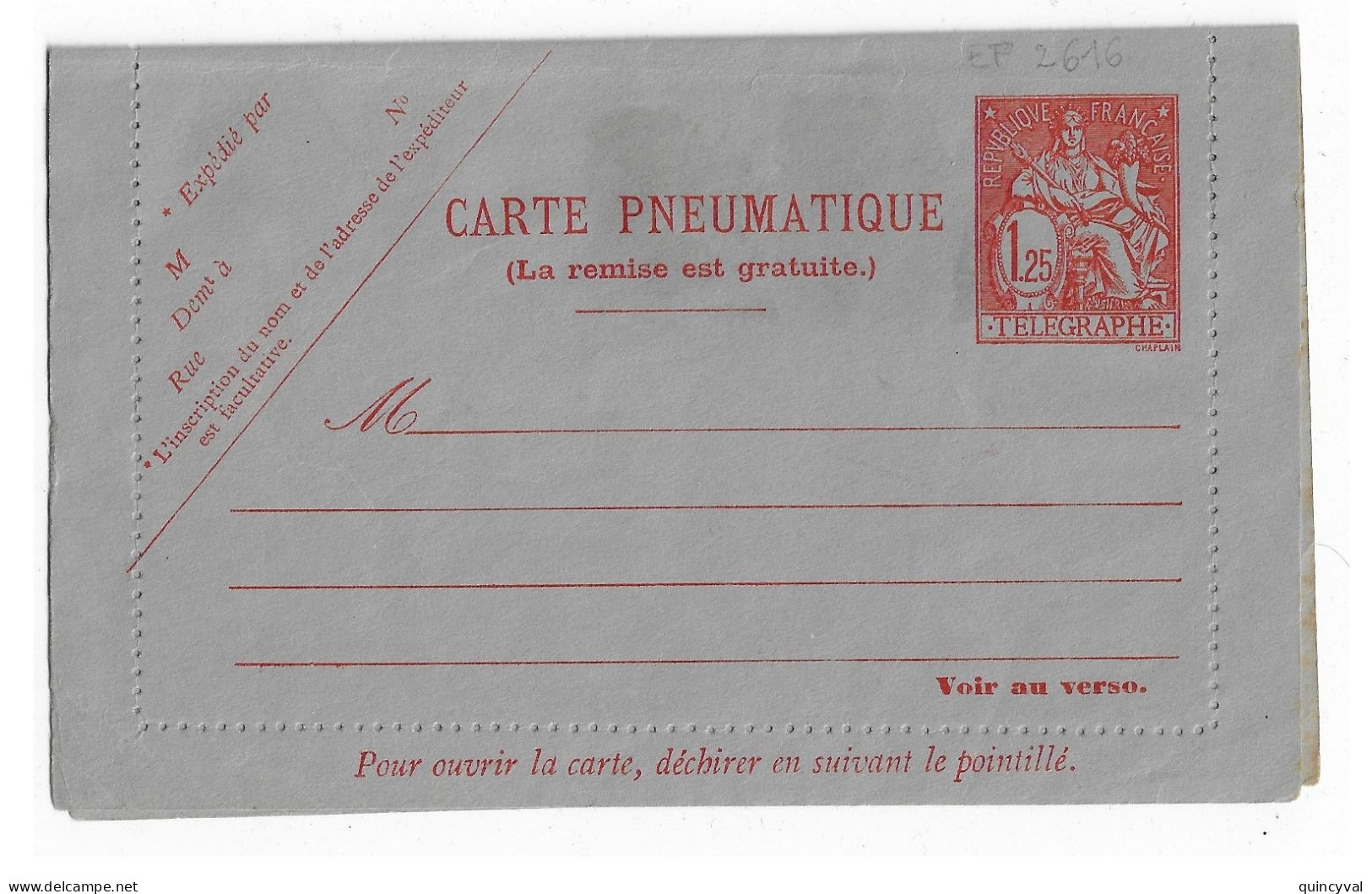 Carte Lettre Pneumatique Entier 1,25 F Chaplain Yv 2616 Coin Inf Gauche Pli - Neumáticos