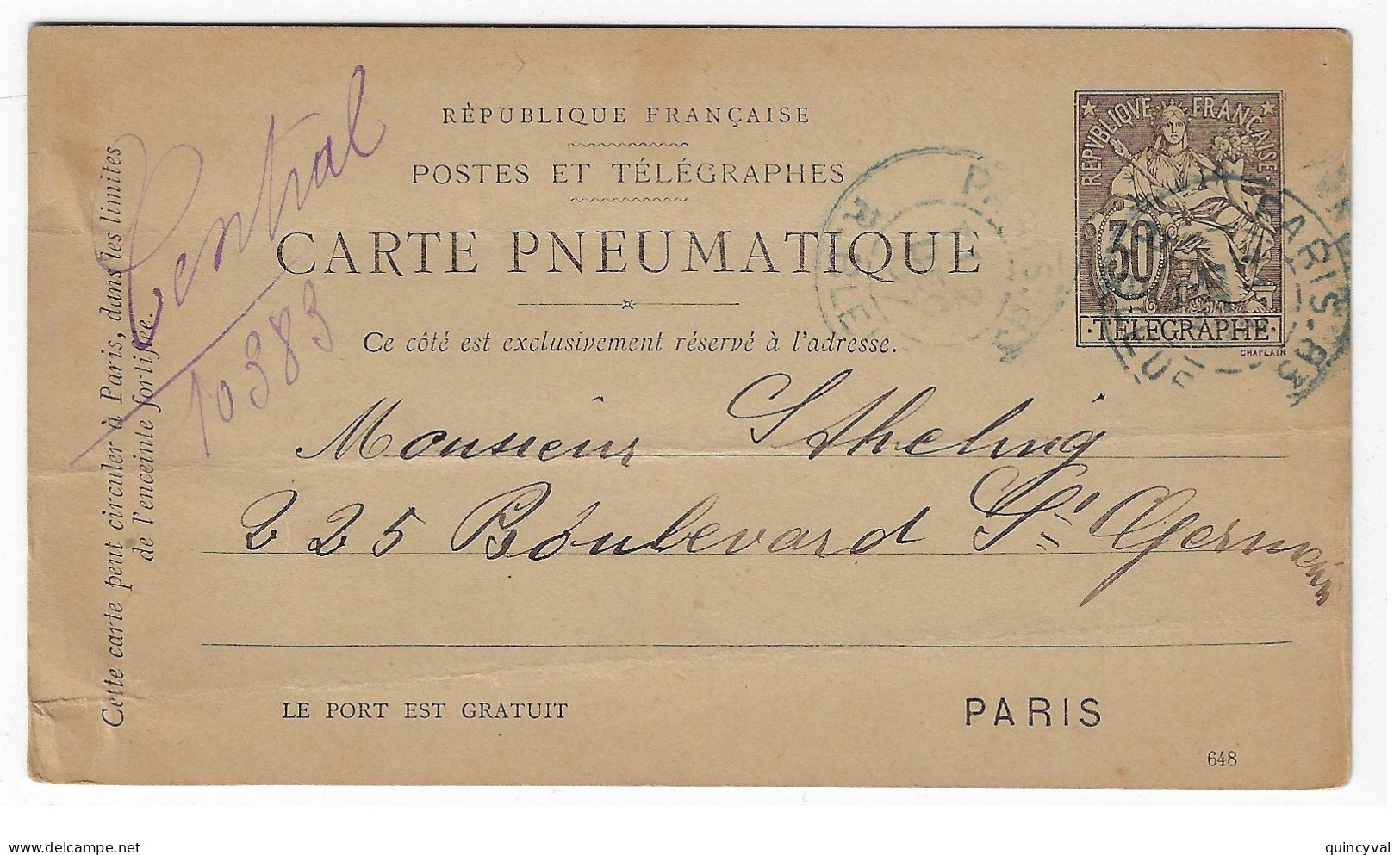 PARIS Rue Bleue 30c Noir Chaplain Carte Entier Pneumatique Ob 1887 Yv 2511 - Pneumatici