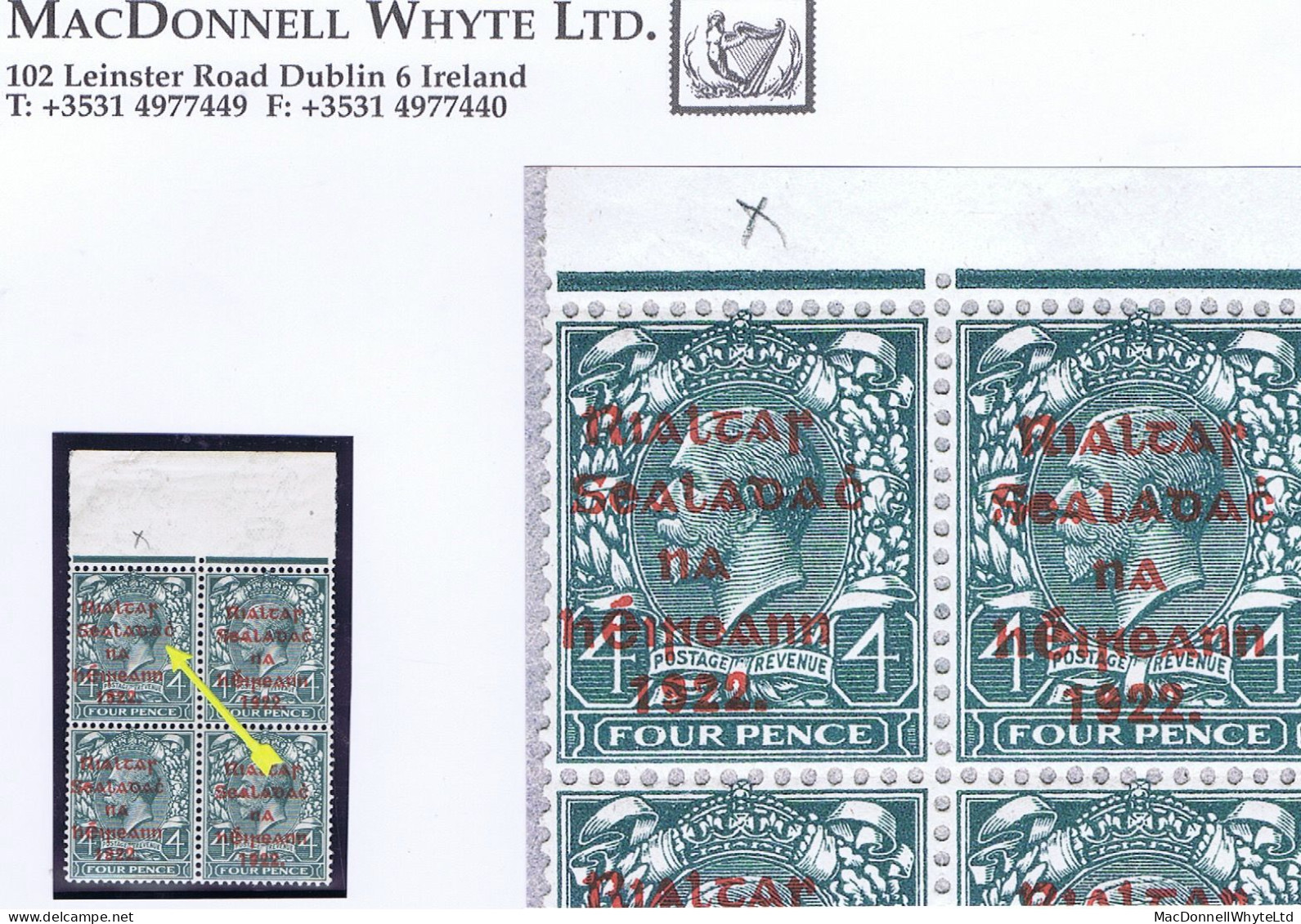 Ireland 1922 Thom Rialtas 5-line Red Ovpt On 4d, Marginal Block With "wide Dac" And Two "out-of-alignment" Pairs Mint - Neufs