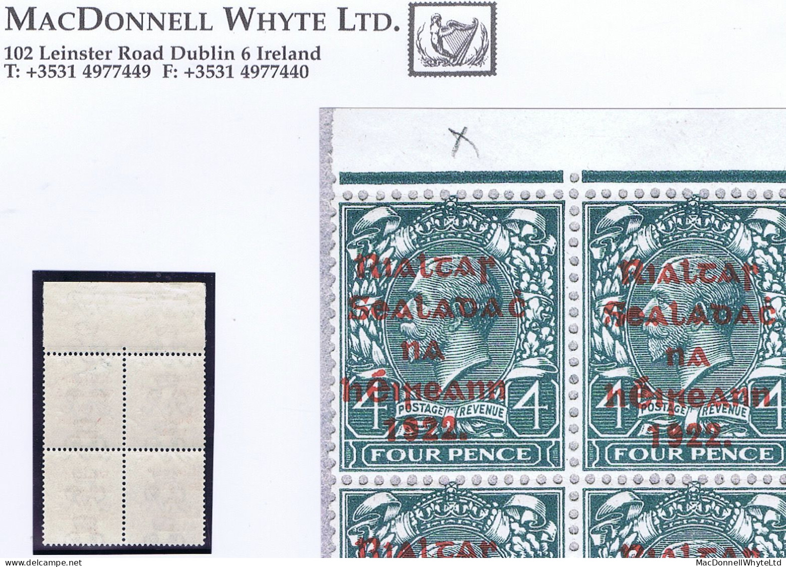 Ireland 1922 Thom Rialtas 5-line Red Ovpt On 4d, Marginal Block With "wide Dac" And Two "out-of-alignment" Pairs Mint - Neufs