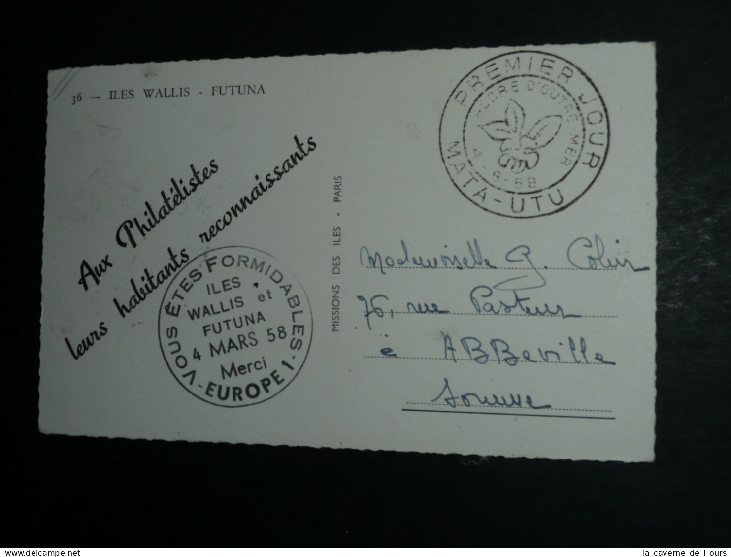 CPSM 1958, Carte Postale, Wallis Et Futuna, Timbre Flore D'outre-mer, 1er Premier Jour, Tampon Europe 1 - Wallis Y Futuna