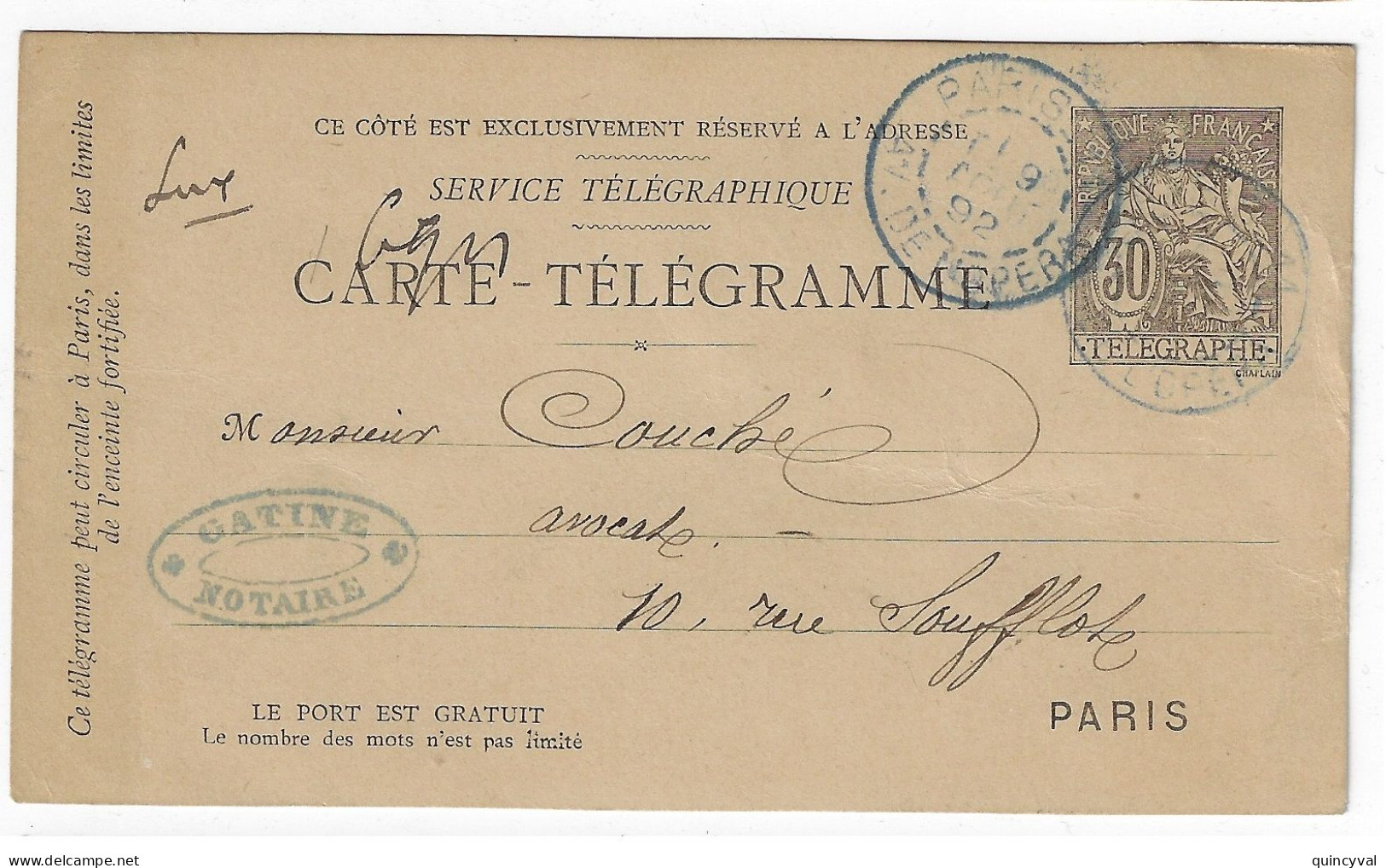 PARIS Av De L'Opéra 30c Noir Chaplain Carte Entier Pneumatique Ob 1892 Yv 2511  Tampon Expéditeur CATINE Notaire - Pneumatic Post