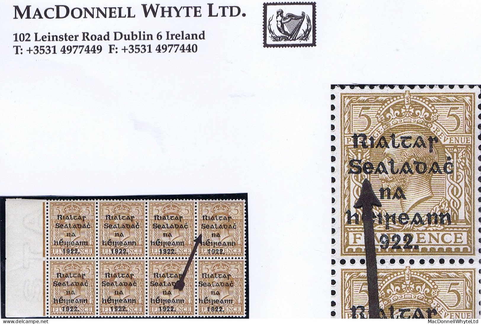 Ireland 1922 Thom Rialtas 5-line Black Ovpt On 5d, Marginal Block Of 8 With "R" Over "Se" Of Plate 5, Row 6 Mint - Ungebraucht