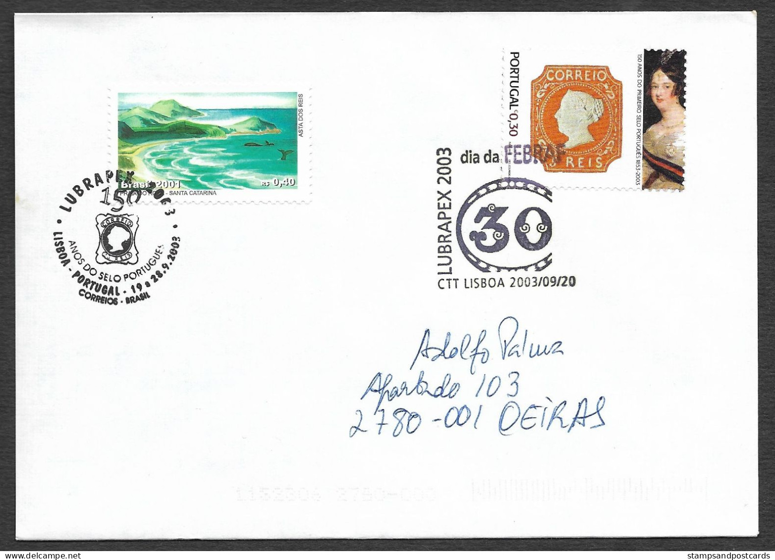 Portugal Brasil Brèsil Lettre Combo Voyagé 2003 Expo Philatelique Lubrapex Combo Cover Portugal Brazil Postally Used - Flammes & Oblitérations