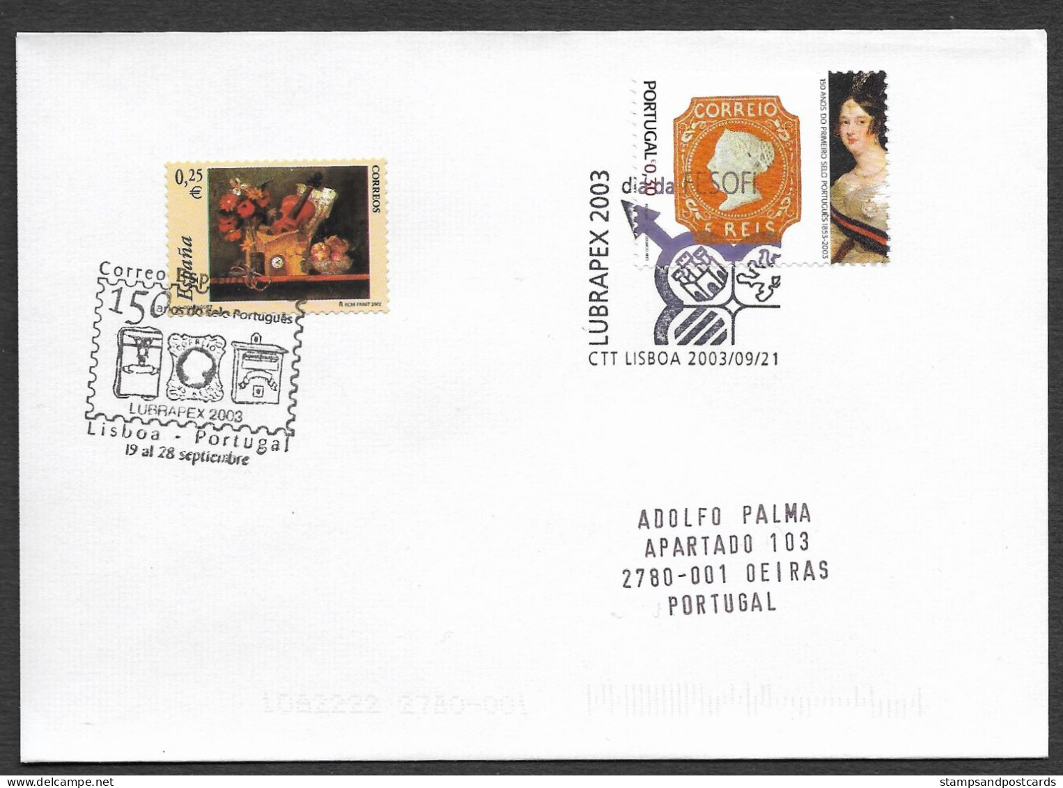 Portugal Espagne España Lettre Combo Voyagé 2003 Expo Philatelique Lubrapex Combo Cover Portugal Spain Postally Used - Flammes & Oblitérations