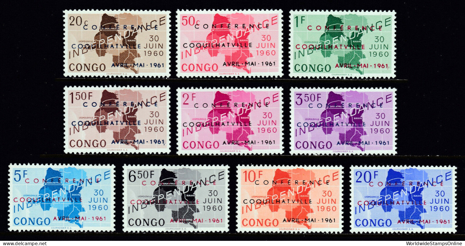 D.R. CONGO — SCOTT 371-380 — 1961 COQUILHATVILLE OVPT SET — MNH — SCV $17.50 - Unused Stamps
