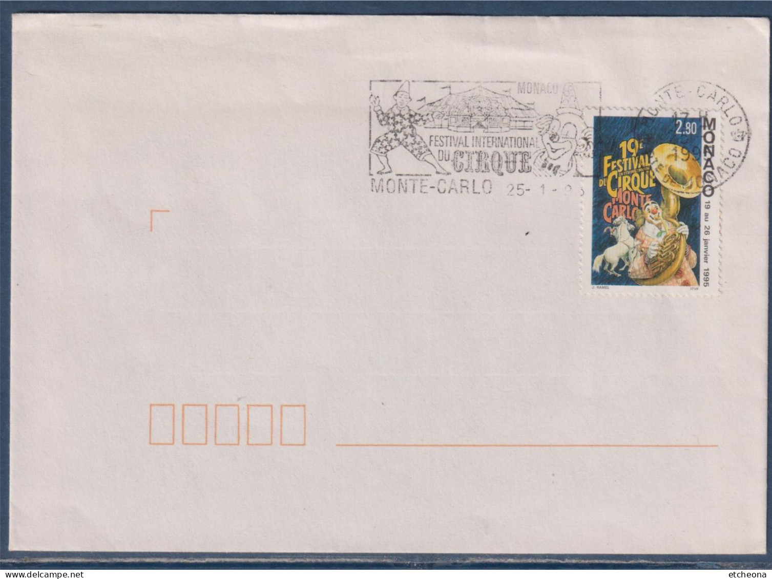 19ème Festival Du Cirque De Monte Carlo Enveloppe Flamme Annonce Monaco Le  25.1.95 N° 1971 Clown Et Cheval - Postmarks