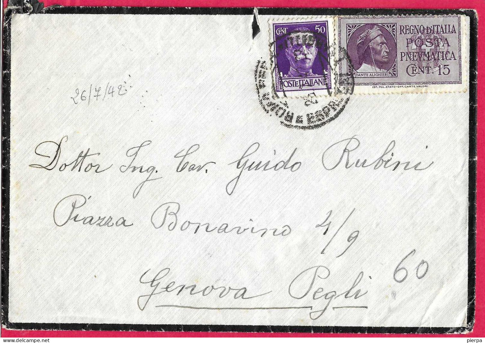 POSTA PNEUMATICA - BUSTA DA ROMA *26.7.42* PER GENOVA - AFFRANCATURA CON EMISSIONE 1933 - Correo Neumático