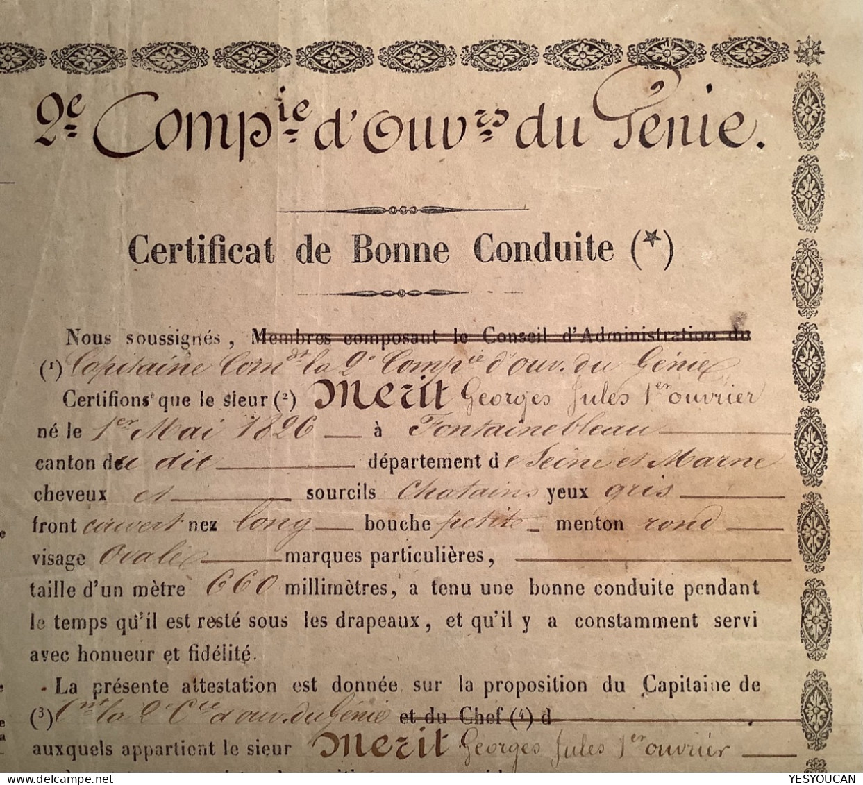 RR ! Certificat De Bonne Conduite 1853 ALGER EMPIRE FRANÇAIS (Algerie Génie Militaire France Military Militaria Document - Dokumente