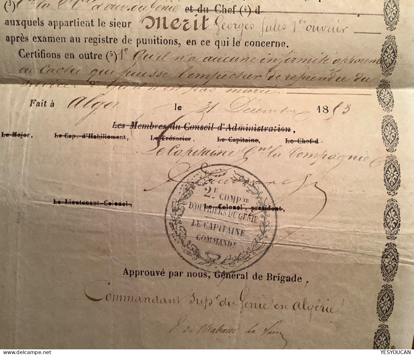 RR ! Certificat De Bonne Conduite 1853 ALGER EMPIRE FRANÇAIS (Algerie Génie Militaire France Military Militaria Document - Documenti