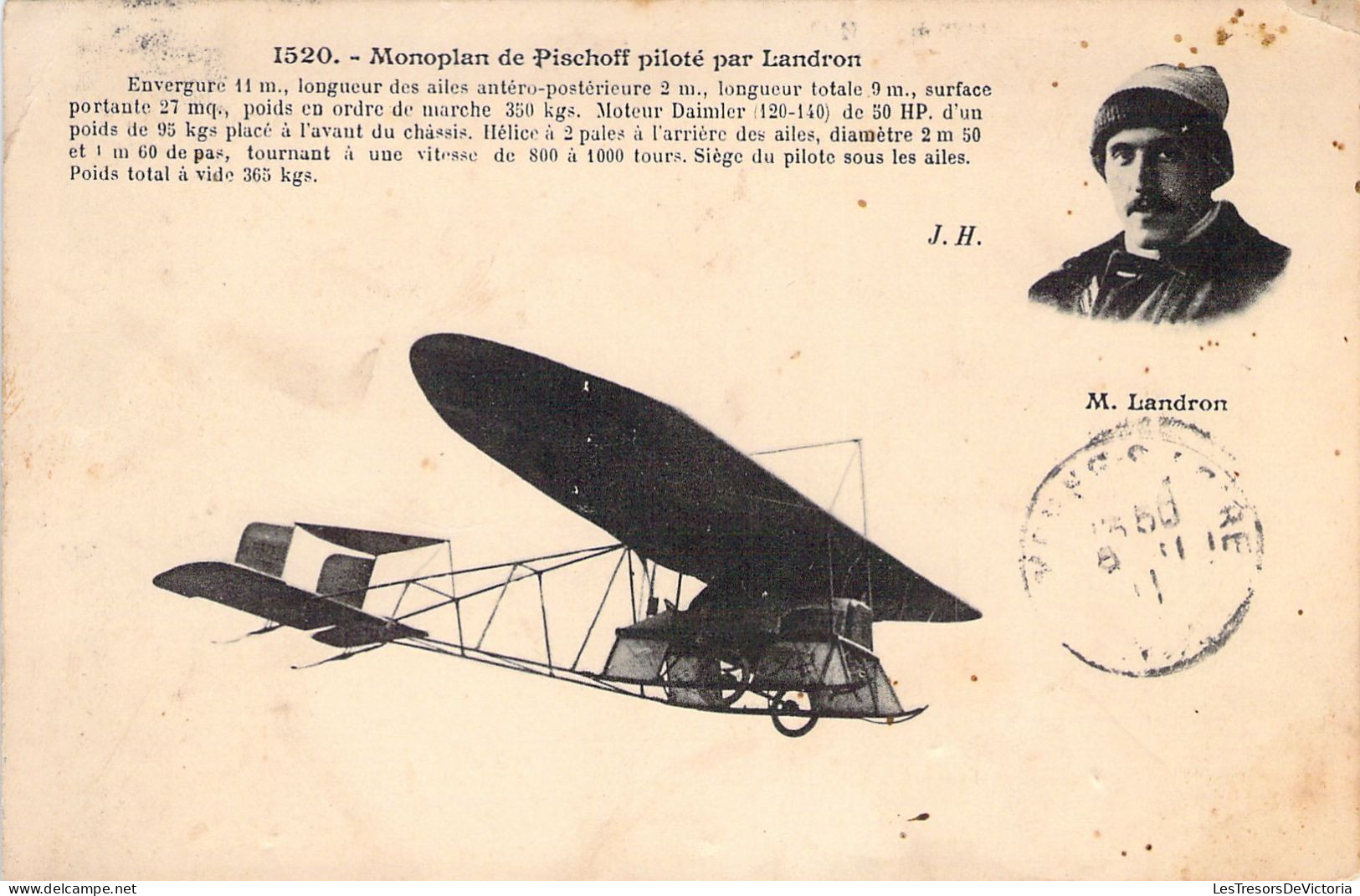 AVIATEUR - Monoplan De Pischoff Piloté Par LANDRON - Carte Postale Ancienne - Aviateurs