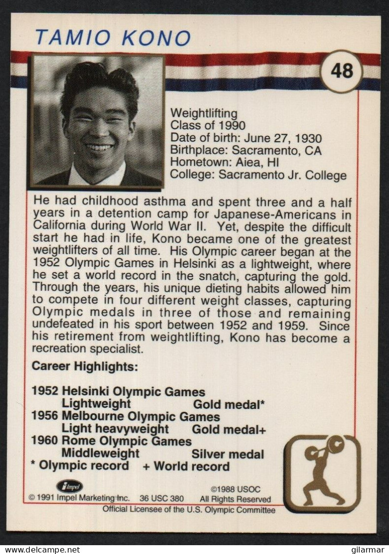 UNITED STATES - U.S. OLYMPIC CARDS HALL OF FAME - WEIGHTLIFTING - TOMMY KONO - # 48 - Trading Cards