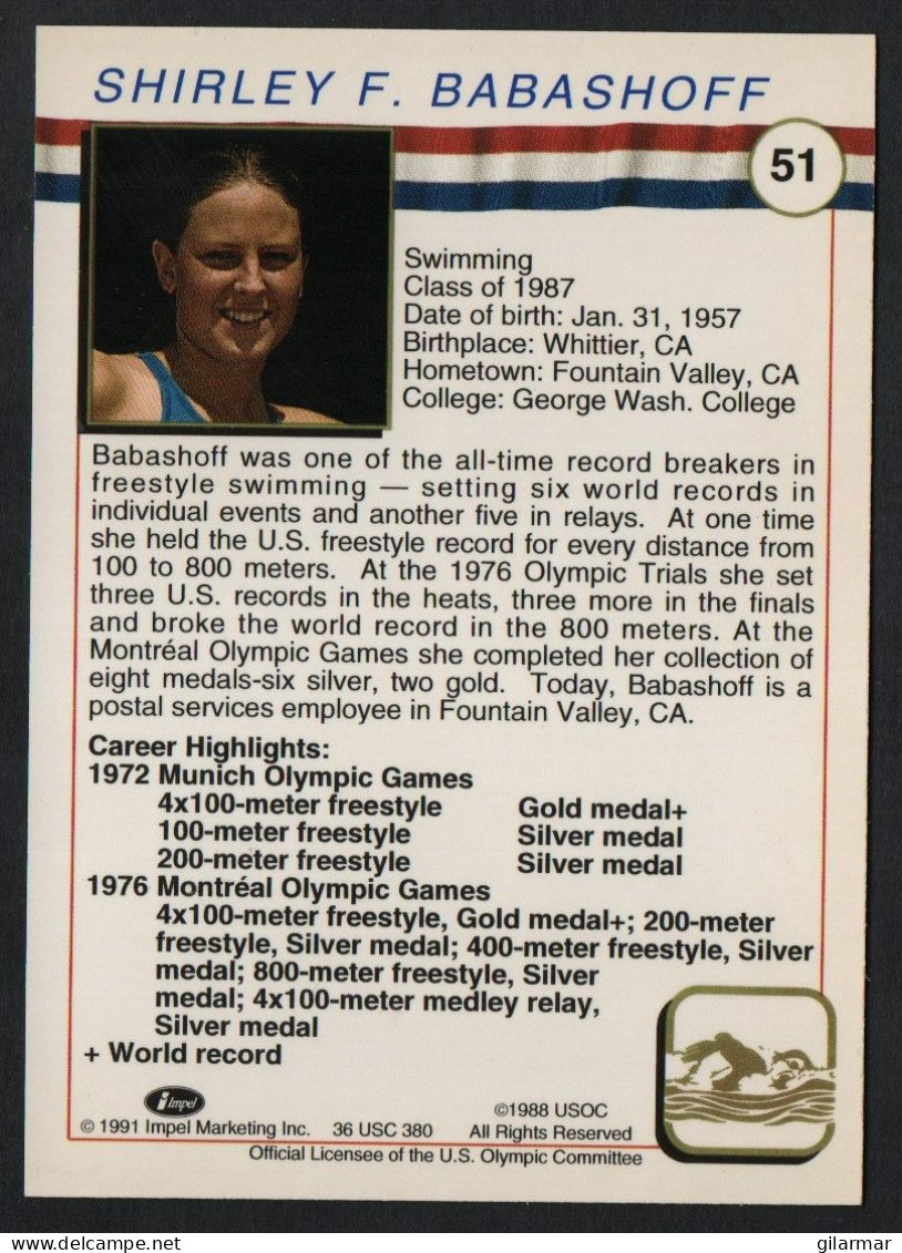 UNITED STATES - U.S. OLYMPIC CARDS HALL OF FAME - SWIMMING - SHIRLEY BABASHOFF - # 51 - Tarjetas