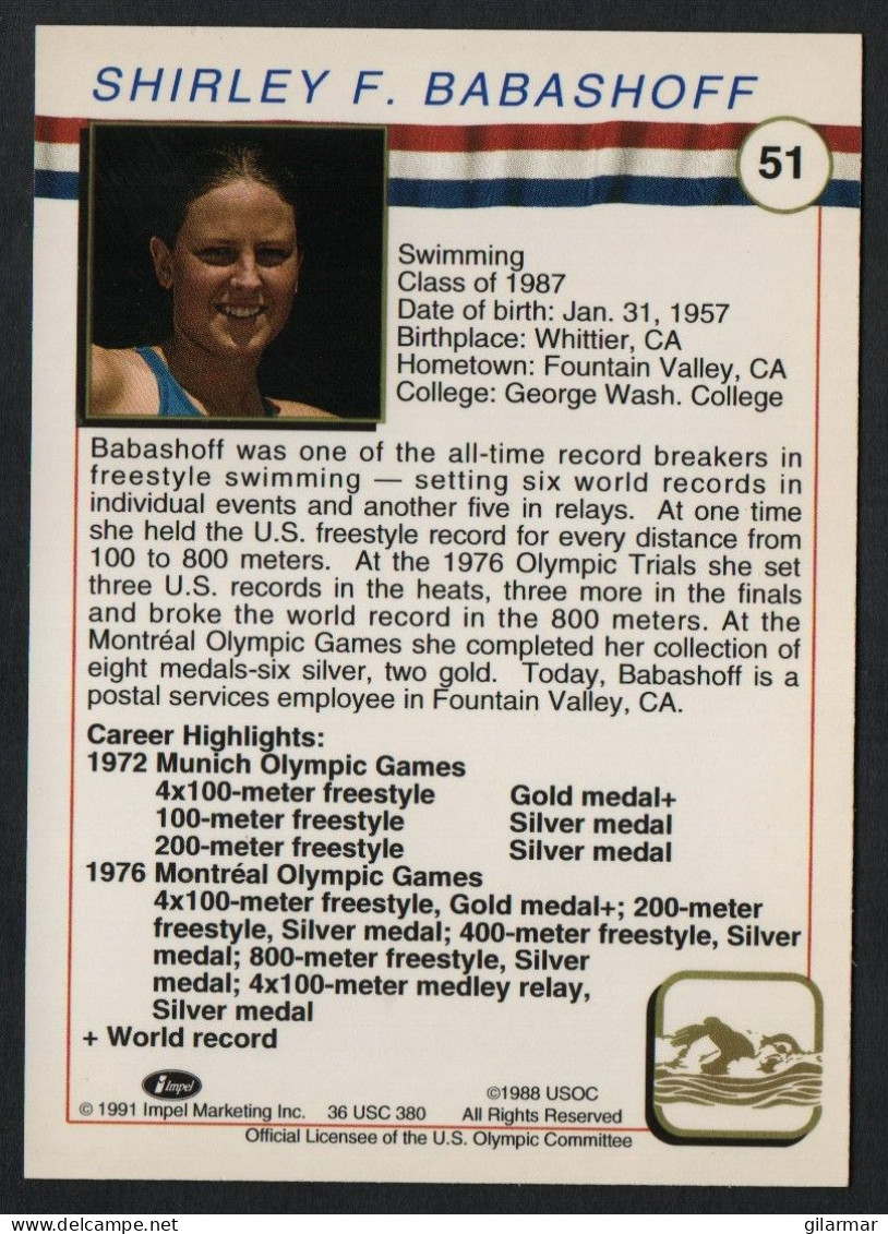 UNITED STATES - U.S. OLYMPIC CARDS HALL OF FAME - SWIMMING - SHIRLEY BABASHOFF - # 51 - Trading Cards