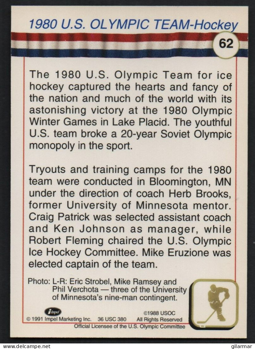 UNITED STATES - U.S. OLYMPIC CARDS HALL OF FAME - ICE HOCKEY - 1980 U.S. OLYMPIC TEAM - # 62 - Trading Cards