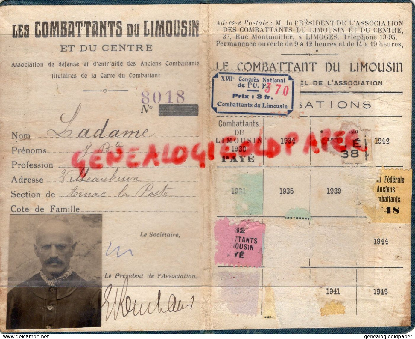 87 ARNAC LA POSTE VILLAUBRUN -MAGNAC LAVAL-BELLAC-CROMAC-CARTE COMBATTANT GUERRE LIMOUSIN JEAN BAPTISTE LADAME- - Historische Dokumente