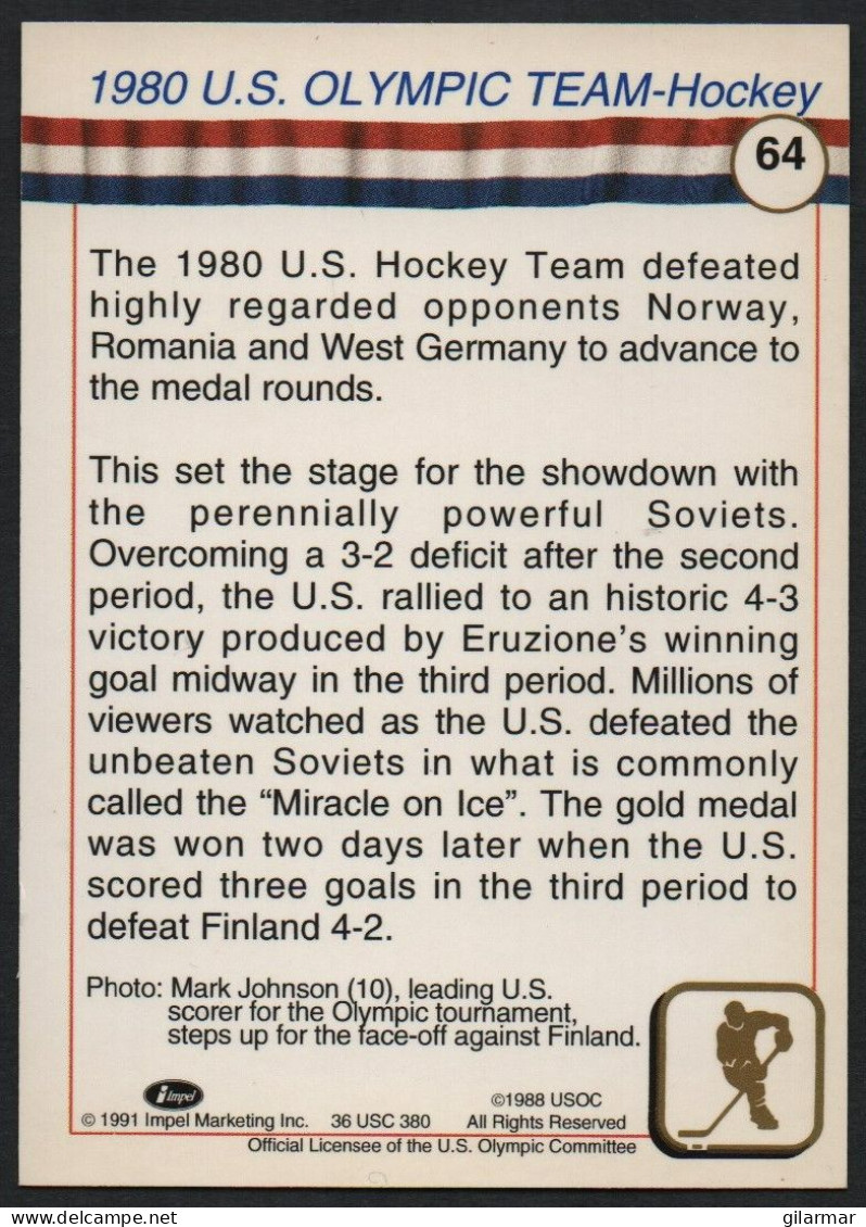 UNITED STATES - U.S. OLYMPIC CARDS HALL OF FAME - ICE HOCKEY - 1980 U.S. OLYMPIC TEAM - # 64 - Tarjetas