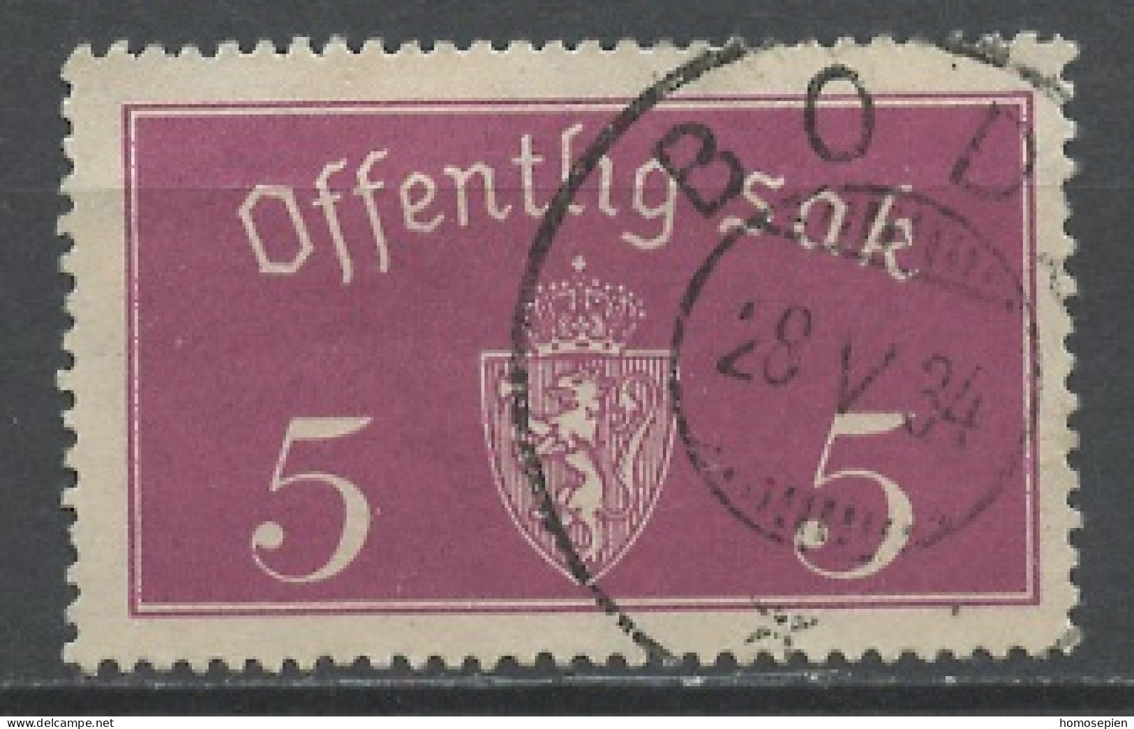 Norvège - Norway - Norwegen Service 1933-37 Y&T N°S10A - Michel N°D10 (o) - 5s  Armoirie - Dienstmarken