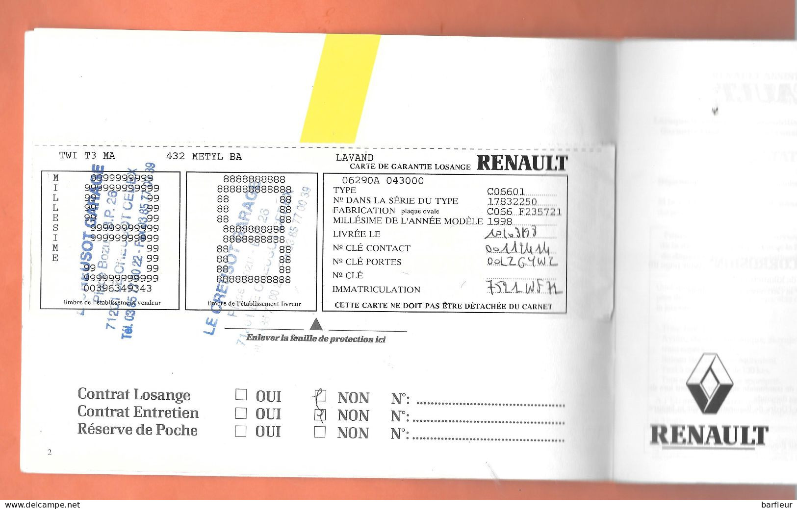 Carnet D'entretien Véhicule RENAULT Concernant Une TWINGO De 1998 - Voitures