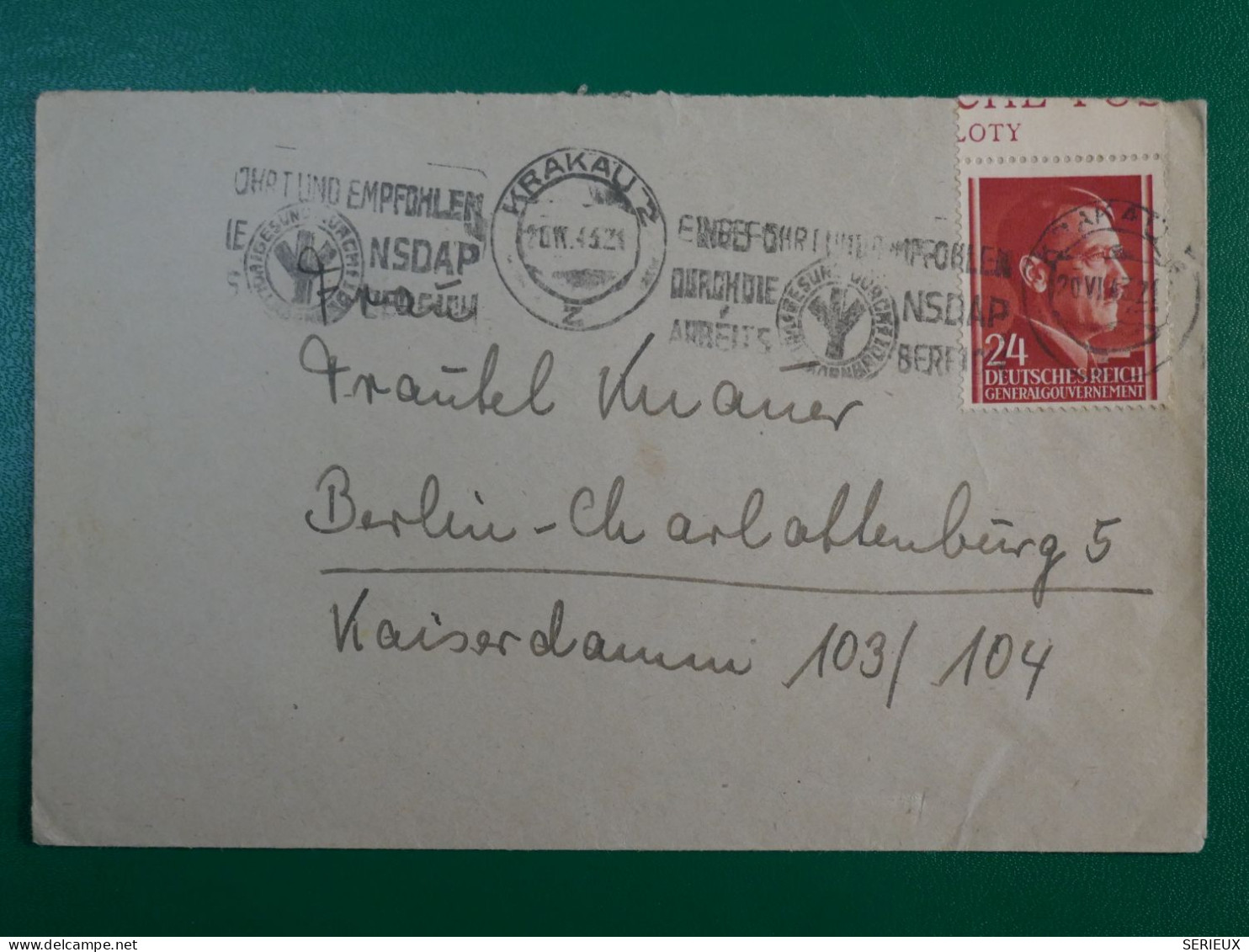 C  ALLEMAGNE   BELLE LETTRE GENERAL GOUVERNEMENT 1943 KRAKAU A BERLIN ++ HITLER BORD FEUILLE+AFFR. INTERESSANT++ - Gouvernement Général