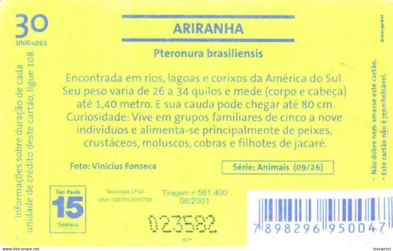 Brazil:Brasil:Used Phonecard, Telefonica, 30 Units, Otter, 2001 - Brasilien
