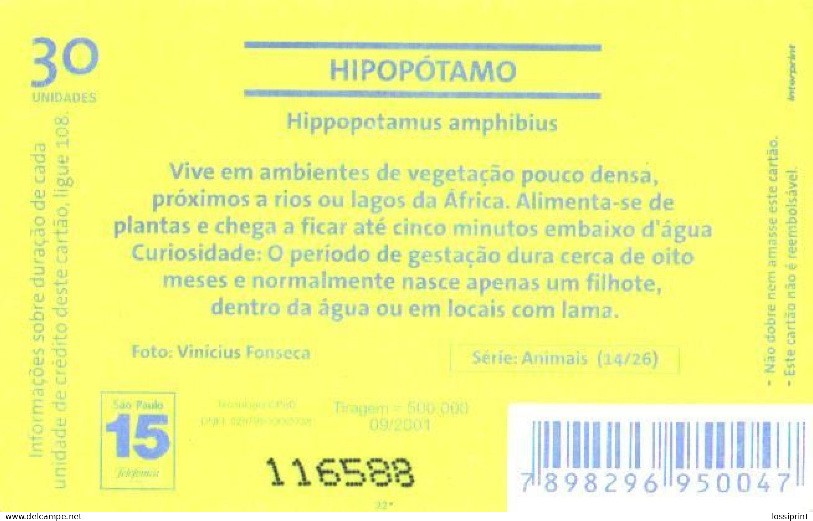 Brazil:Brasil:Used Phonecard, Telefonica, 30 Units, Hippopotamuses, 2001 - Brasilien