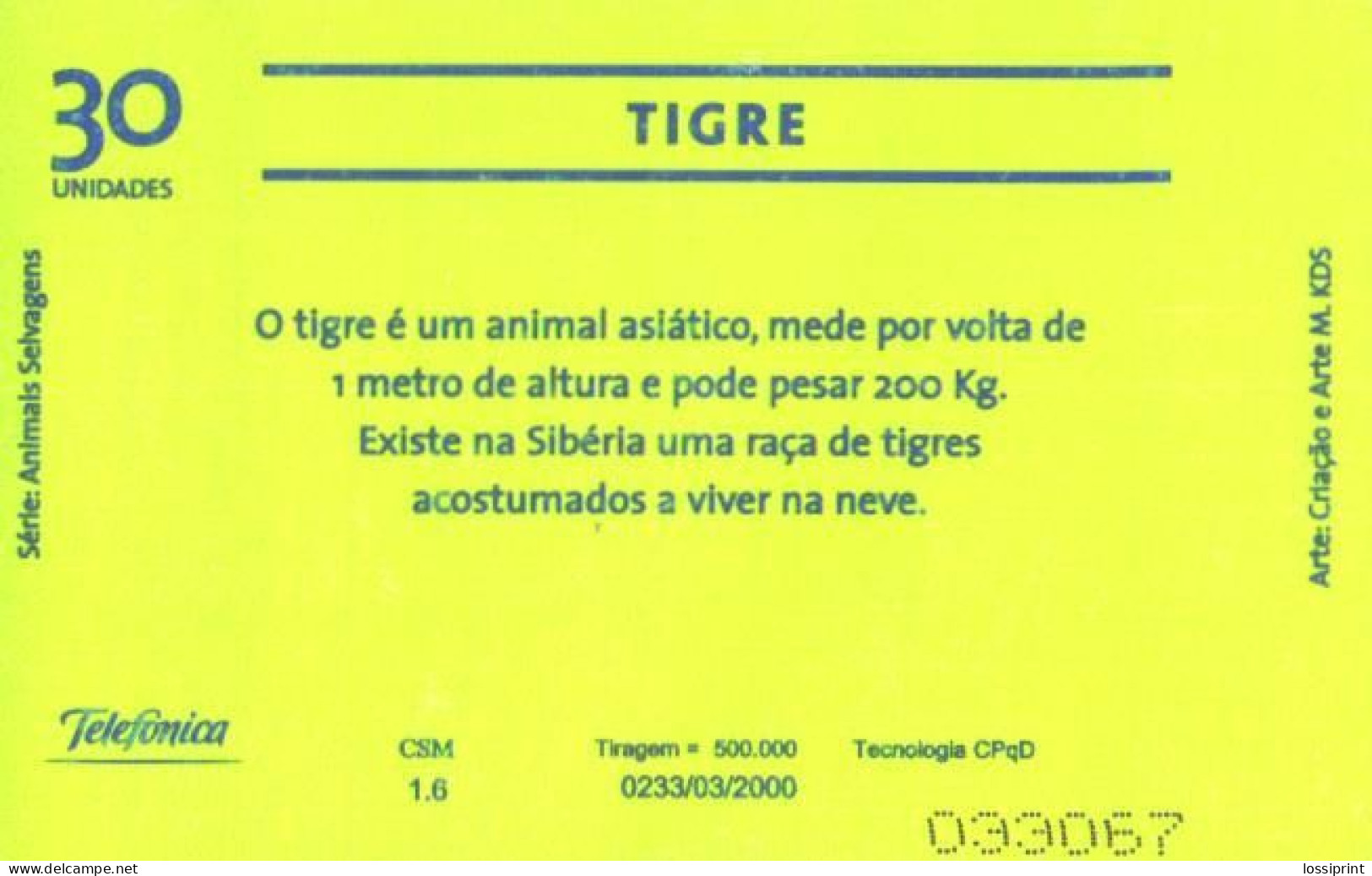 Brazil:Brasil:Used Phonecard, Telefonica, 30 Units, Tigers, 2000 - Brasilien