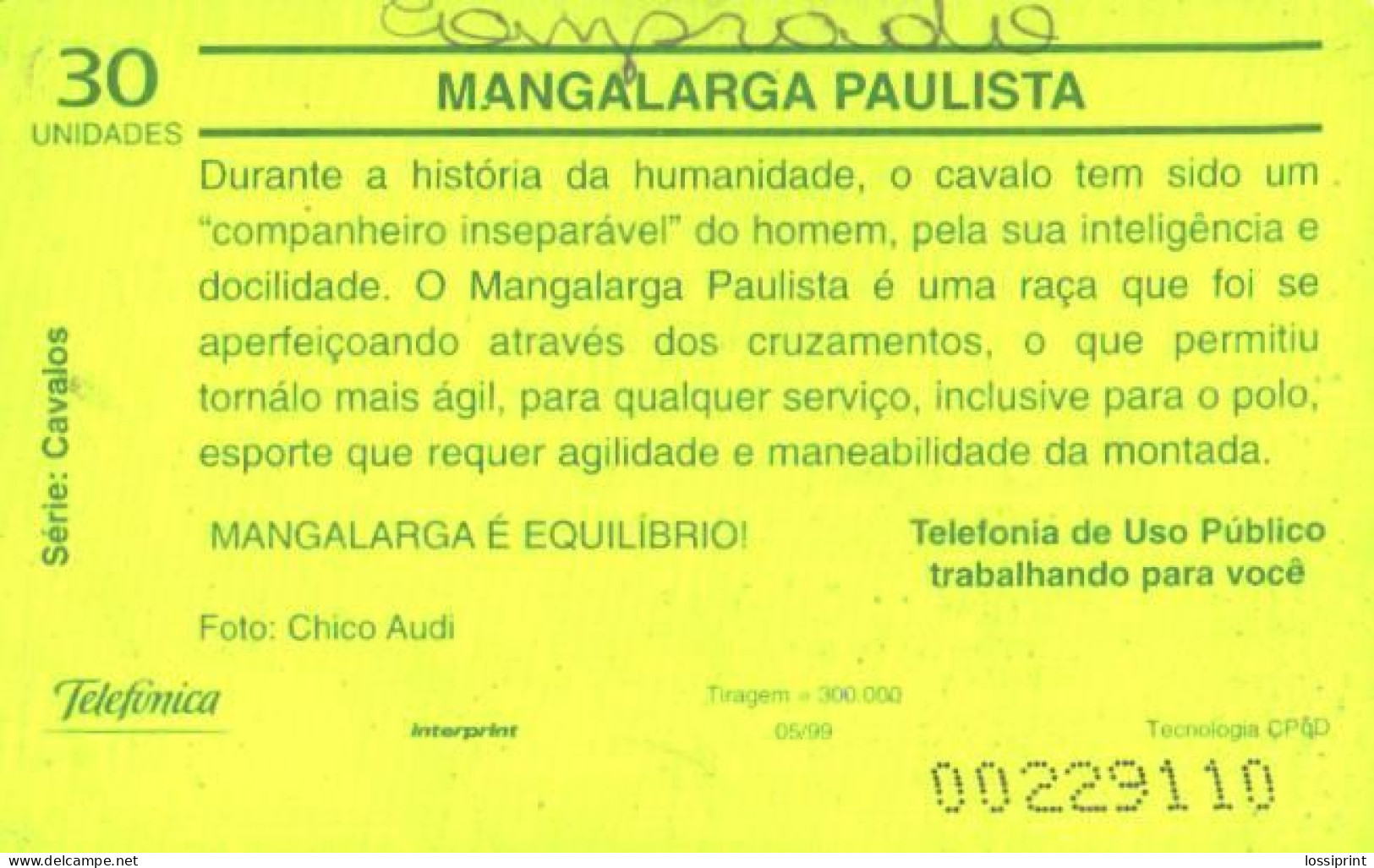 Brazil:Brasil:Used Phonecard, Telefonica, 30 Units, Horse, 1999 - Brasilien