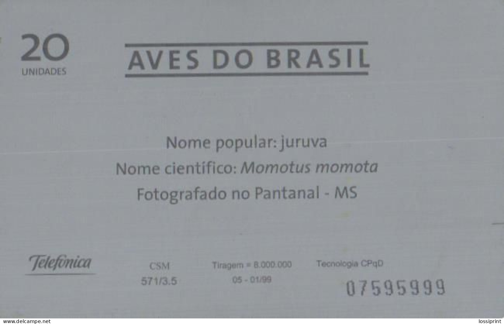 Brazil:Brasil:Used Phonecard, Telefonica, 20 Units, Bird, Momotus Momota, 1999 - Brasilien