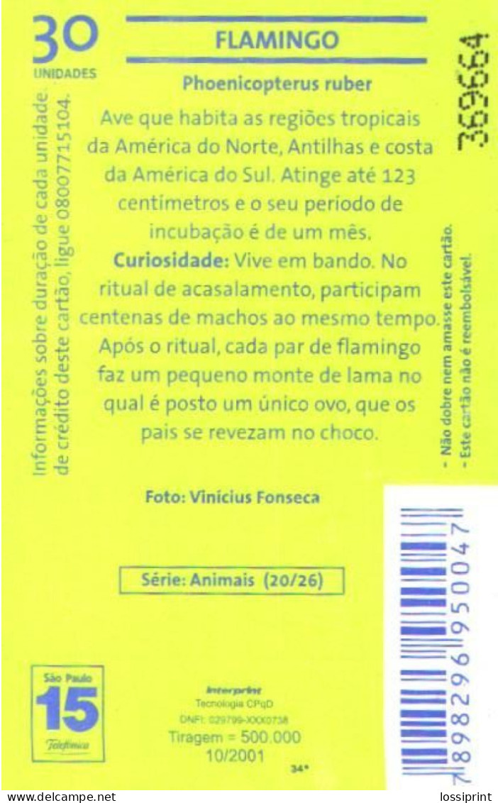 Brazil:Brasil:Used Phonecard, Telefonica, 30 Units, Bird, Flamingo, 2001 - Brasilien