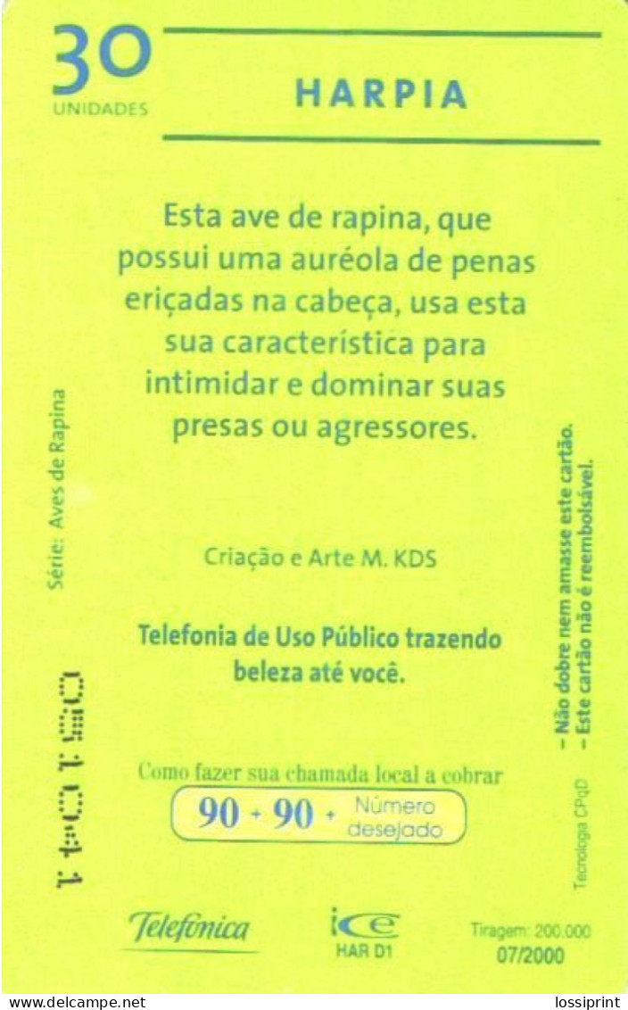 Brazil:Brasil:Used Phonecard, Telefonica, 30 Units, Bird, 2000 - Brasilien