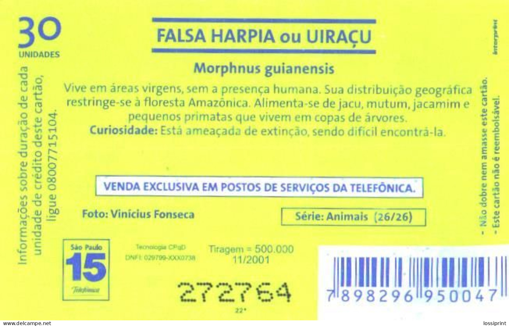 Brazil:Brasil:Used Phonecard, Telefonica, 30 Units, Bird, Morphnus Guianensis, 2001 - Brasilien