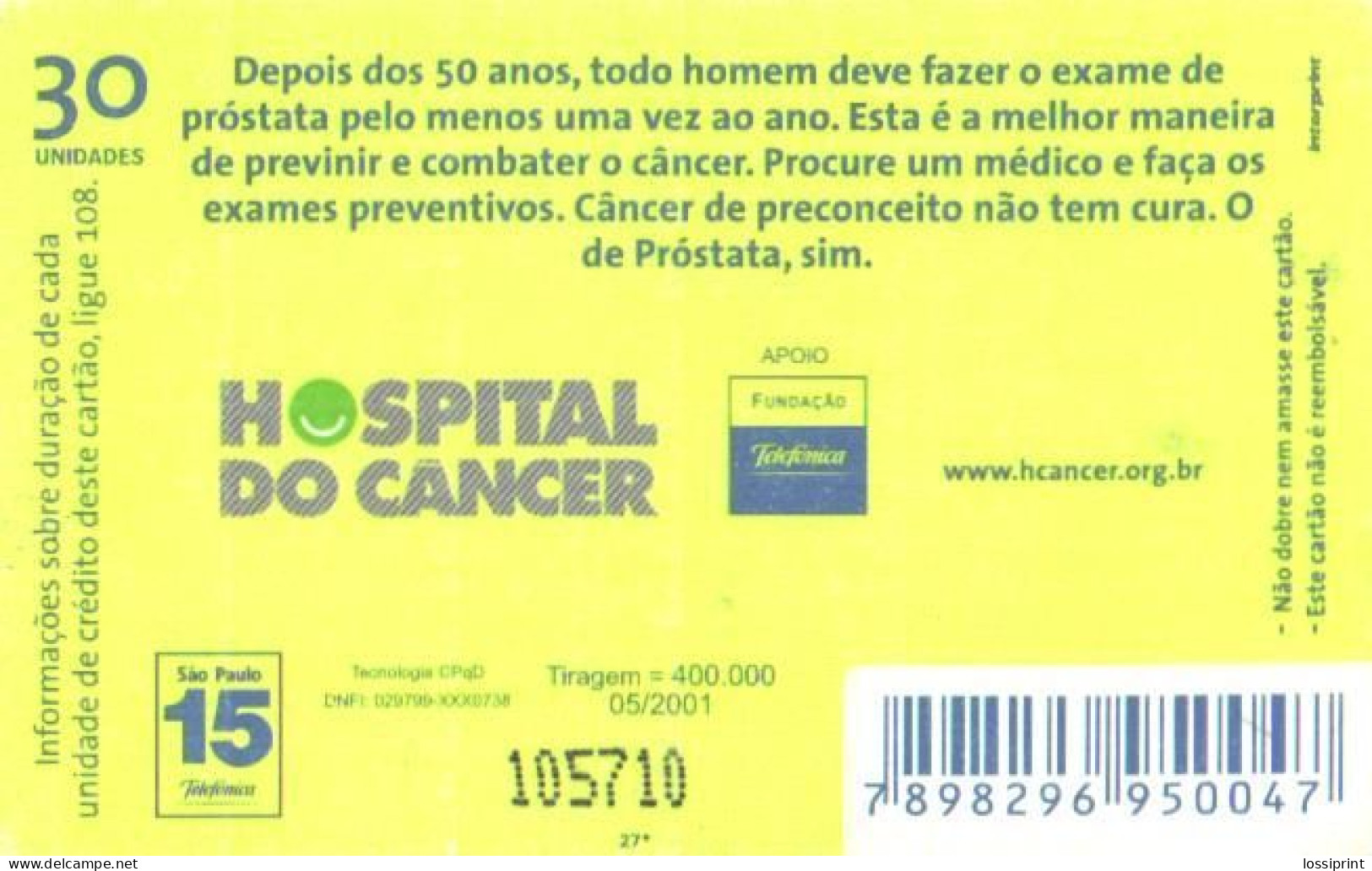 Brazil:Brasil:Used Phonecard, Telefonica, 30 Units, Hands, 2001 - Brasilien
