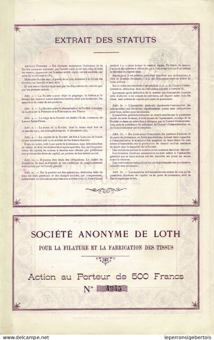 - Titre De 1912 - Société Anonyme De Loth Pour La Filature & La Fabrication Des Tissus - - Tessili