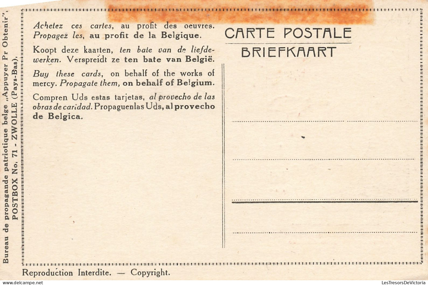 Publicité - Au Profit Des Oeuvres Belges - Paix Sans Indemnités - Travail Forcé - Carte Postale Ancienne - Advertising