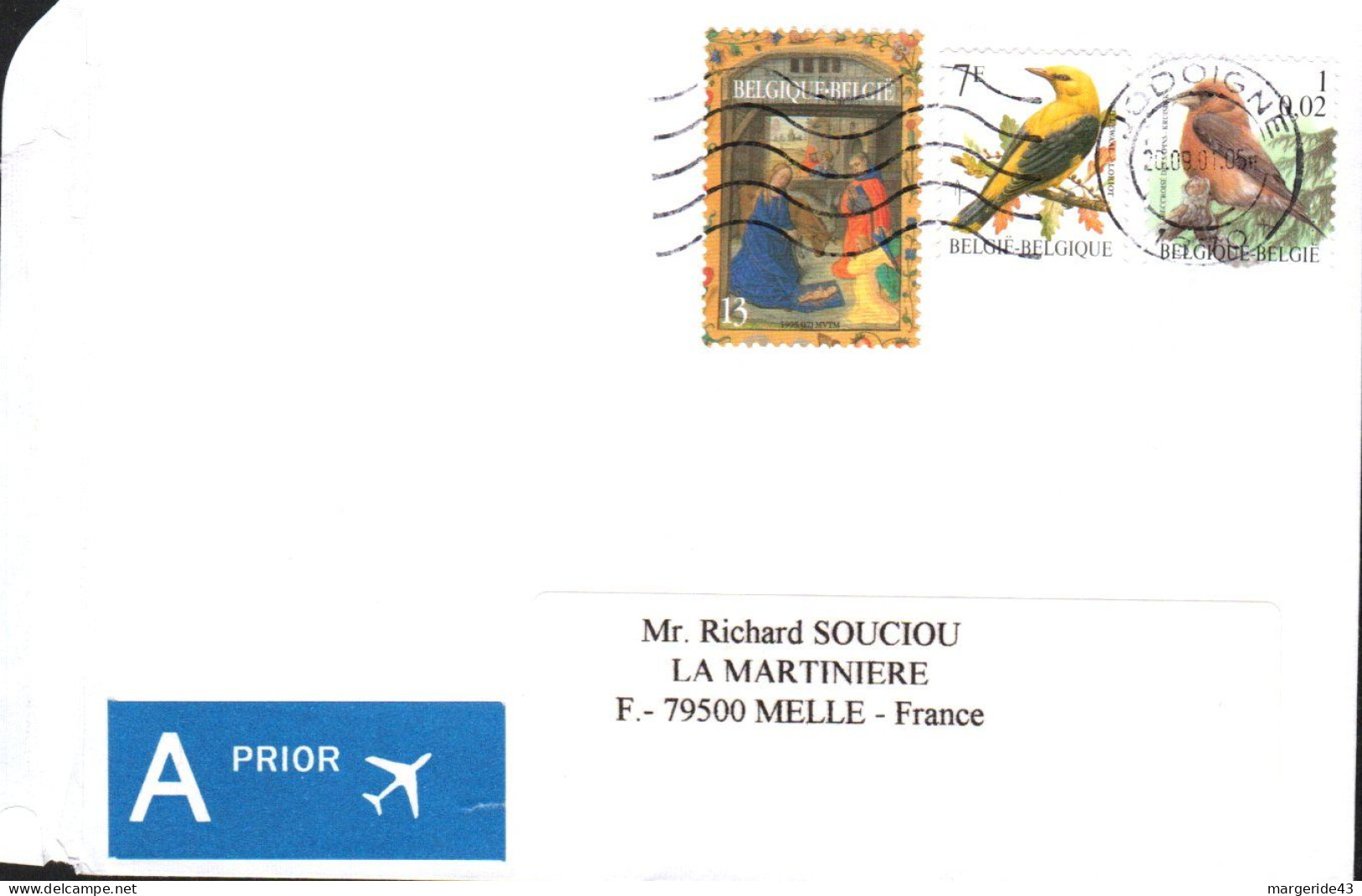 BELGIQUE AFFRANCHISSEMENT COMPOSE SUR LETTRE POUR LA FRANCE 2001 - Storia Postale