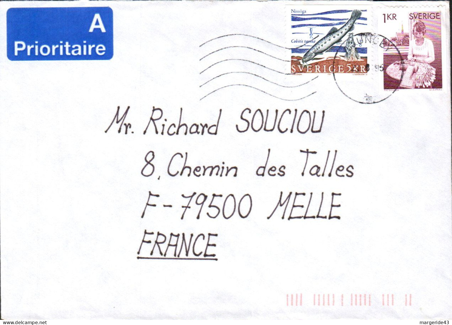 SUEDE AFFRANCHISSEMENT COMPOSE SUR LETTRE PRIORITAIRE POUR LA FRANCE 1996 - Brieven En Documenten