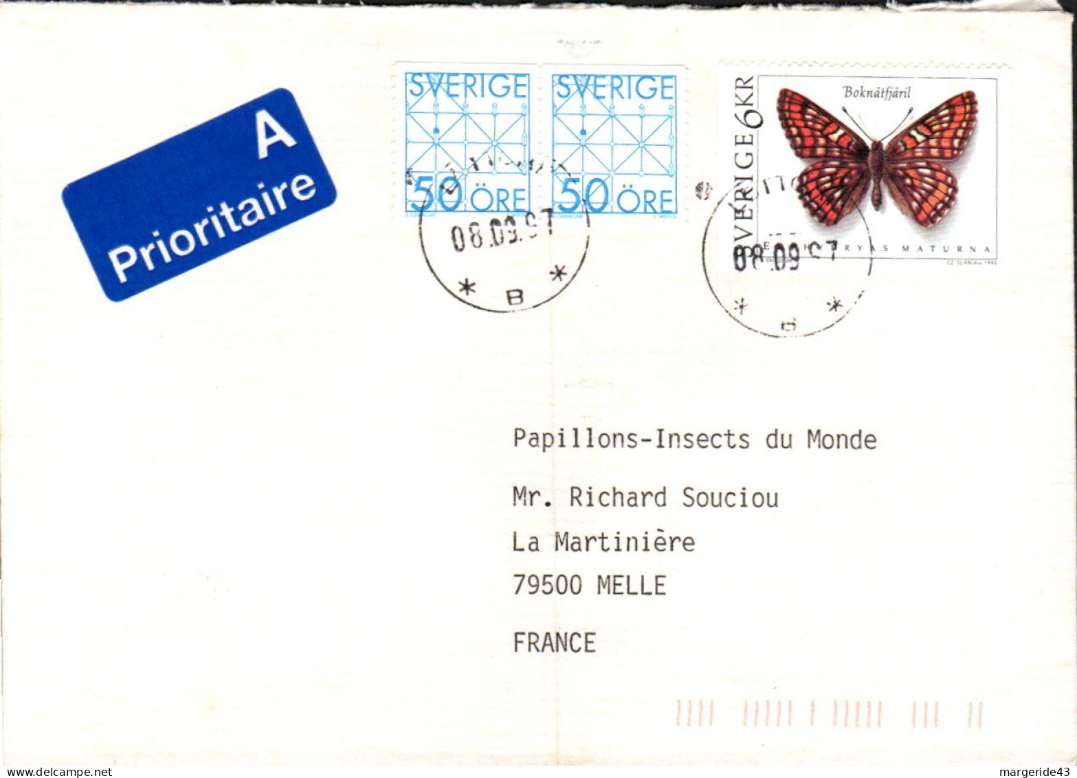 SUEDE AFFRANCHISSEMENT COMPOSE SUR LETTRE PRIORITAIRE POUR LA FRANCE 1997 - Lettres & Documents