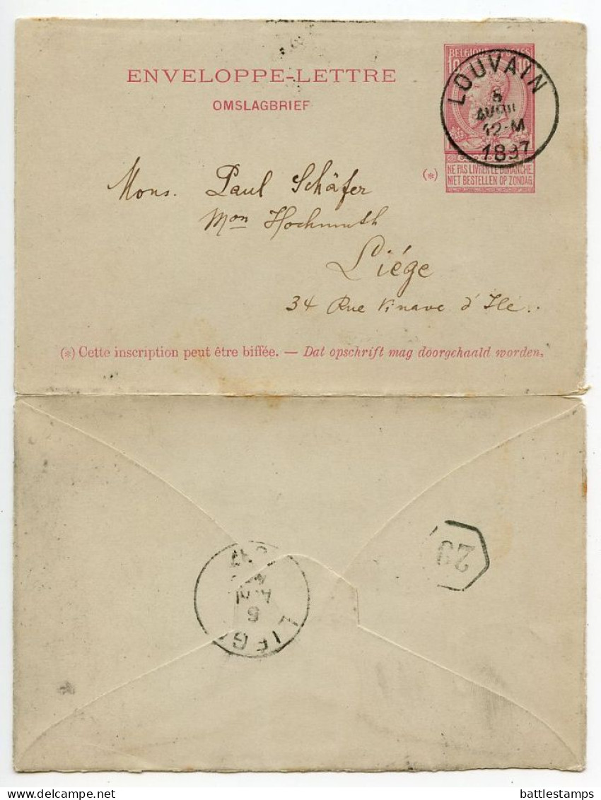 Belgium 1897 10c. King Leopold II Letter Envelope; Louvain To Liege - Letter Covers