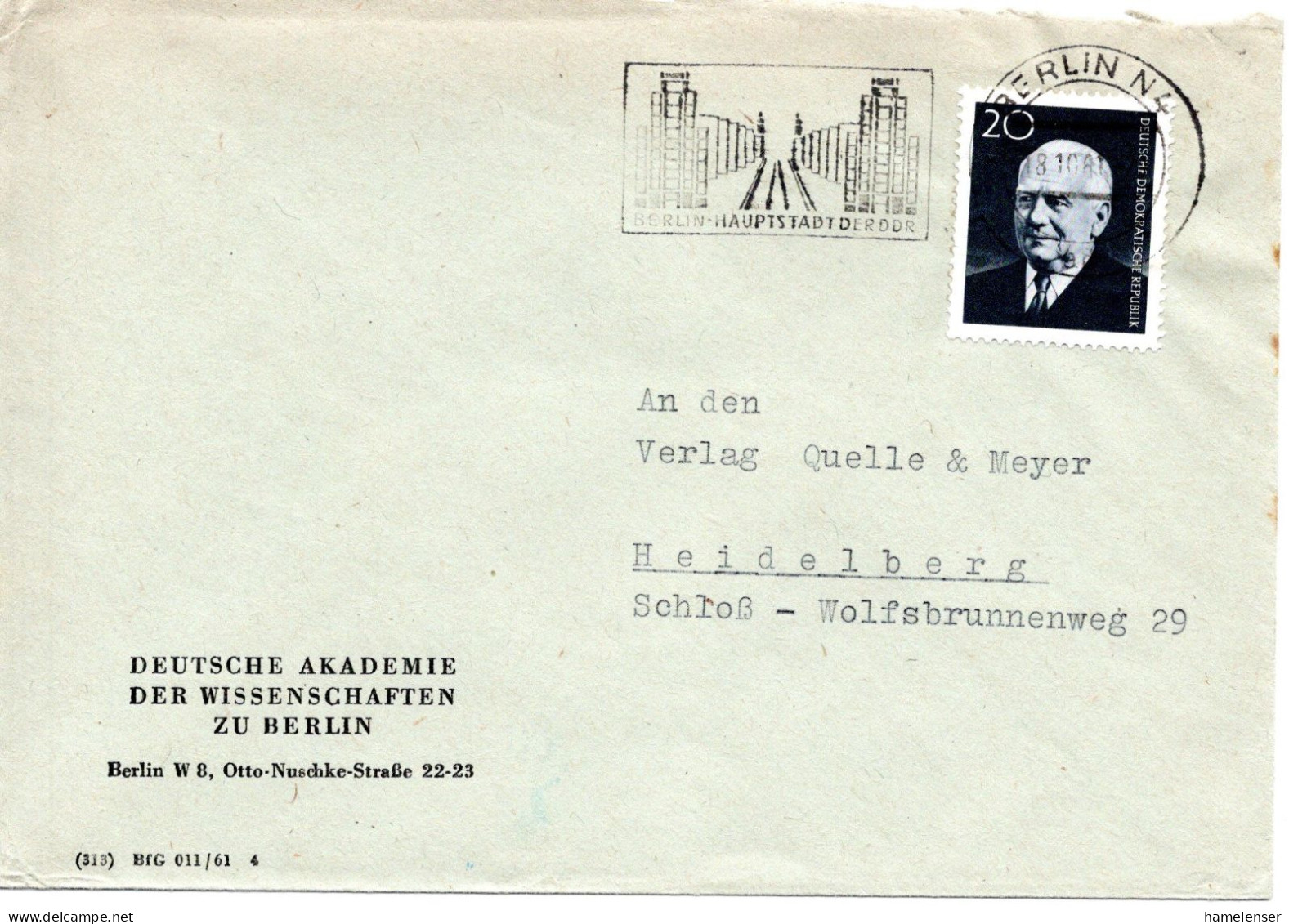 57474 - DDR - 1961 - 20Pfg Pieck EF A Bf BERLIN - BERLIN HAUPTSTADT DER DDR -> Westdeutschland - Lettres & Documents