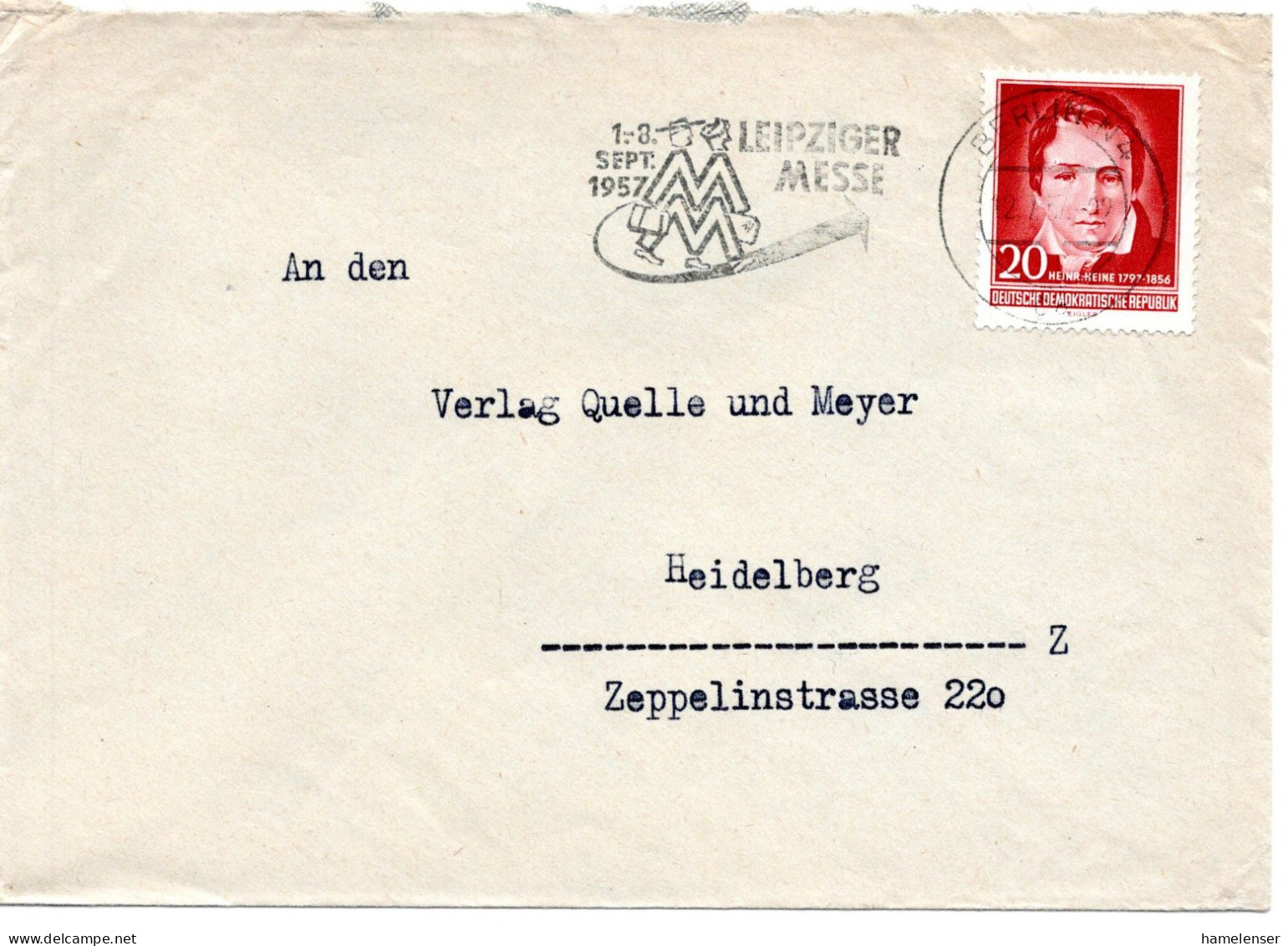 57475 - DDR - 1957 - 20Pfg Heine EF A Bf BERLIN - ... LEIPZIGER MESSE -> Westdeutschland - Lettres & Documents