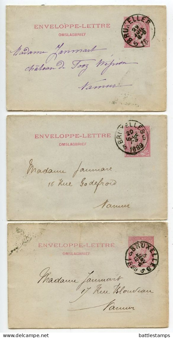 Belgium 1888-89 3 10c. King Leopold II Letter Envelopes; Bruxelles To Namur - Briefumschläge