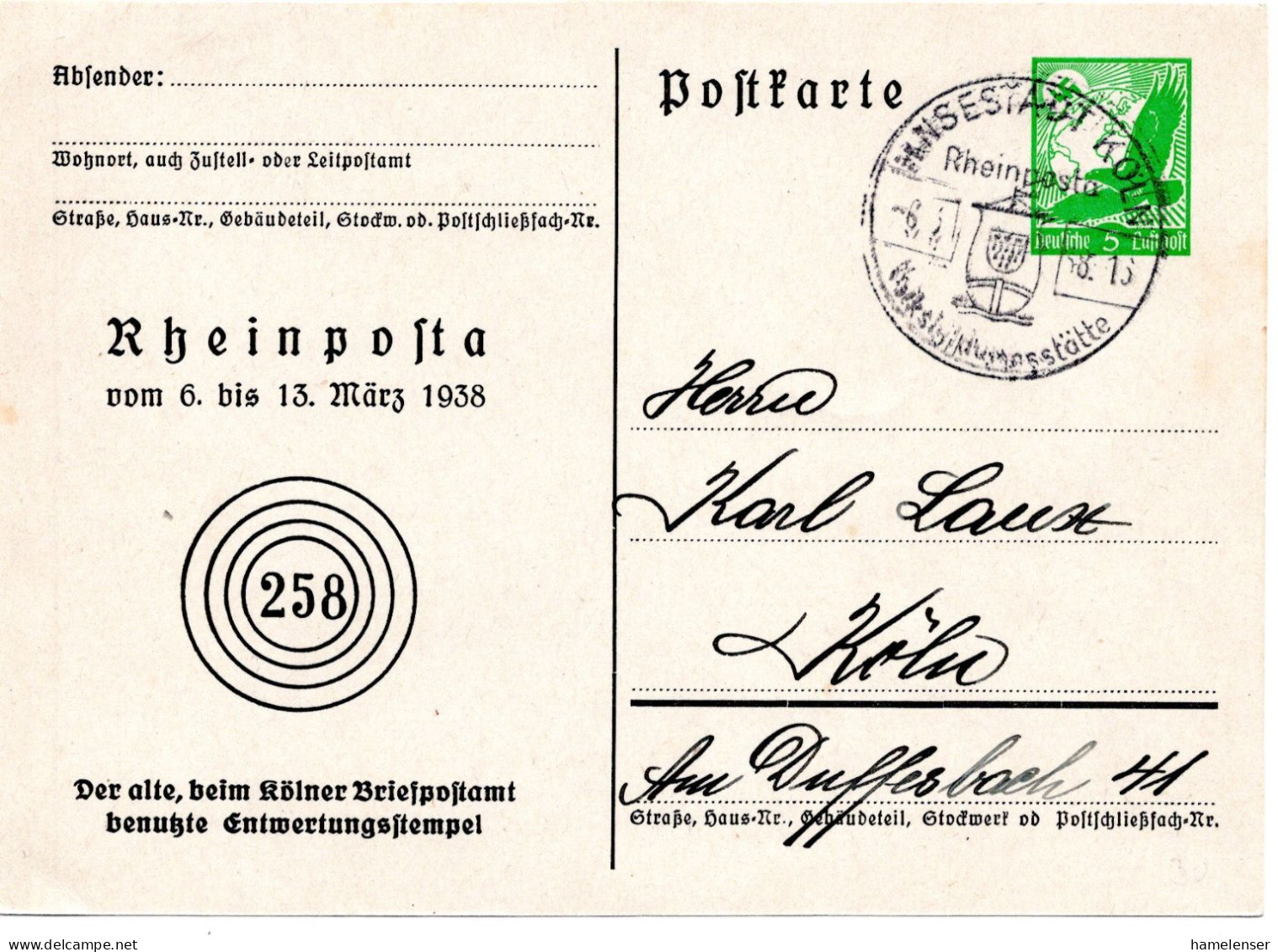 57485 - Deutsches Reich - 1938 - 5Pfg PGAKte Luftpost Als OrtsKte SoStpl KOELN - RHEINPOSTA ... - Philatelic Exhibitions