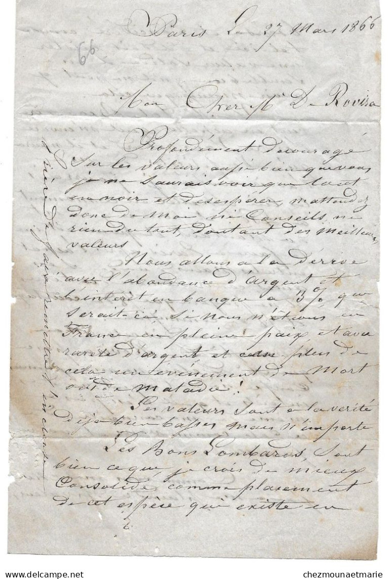 1866 PARIS DE FOLQUET POUR PERPIGNAN HENRI DE ROVIRA MAISON JAUME RUE DE L IMPERATRICE - LAS NAPOLEON GC 347 - 1862 Napoleone III