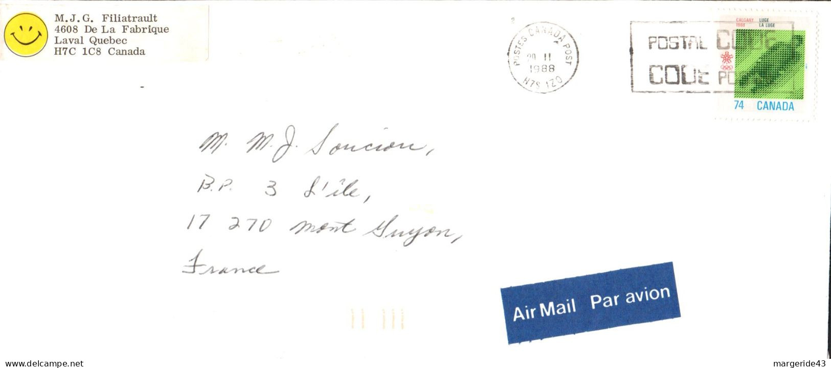 CANADA SEUL SUR LETTRE POUR LA FRANCE 1988 - Lettres & Documents