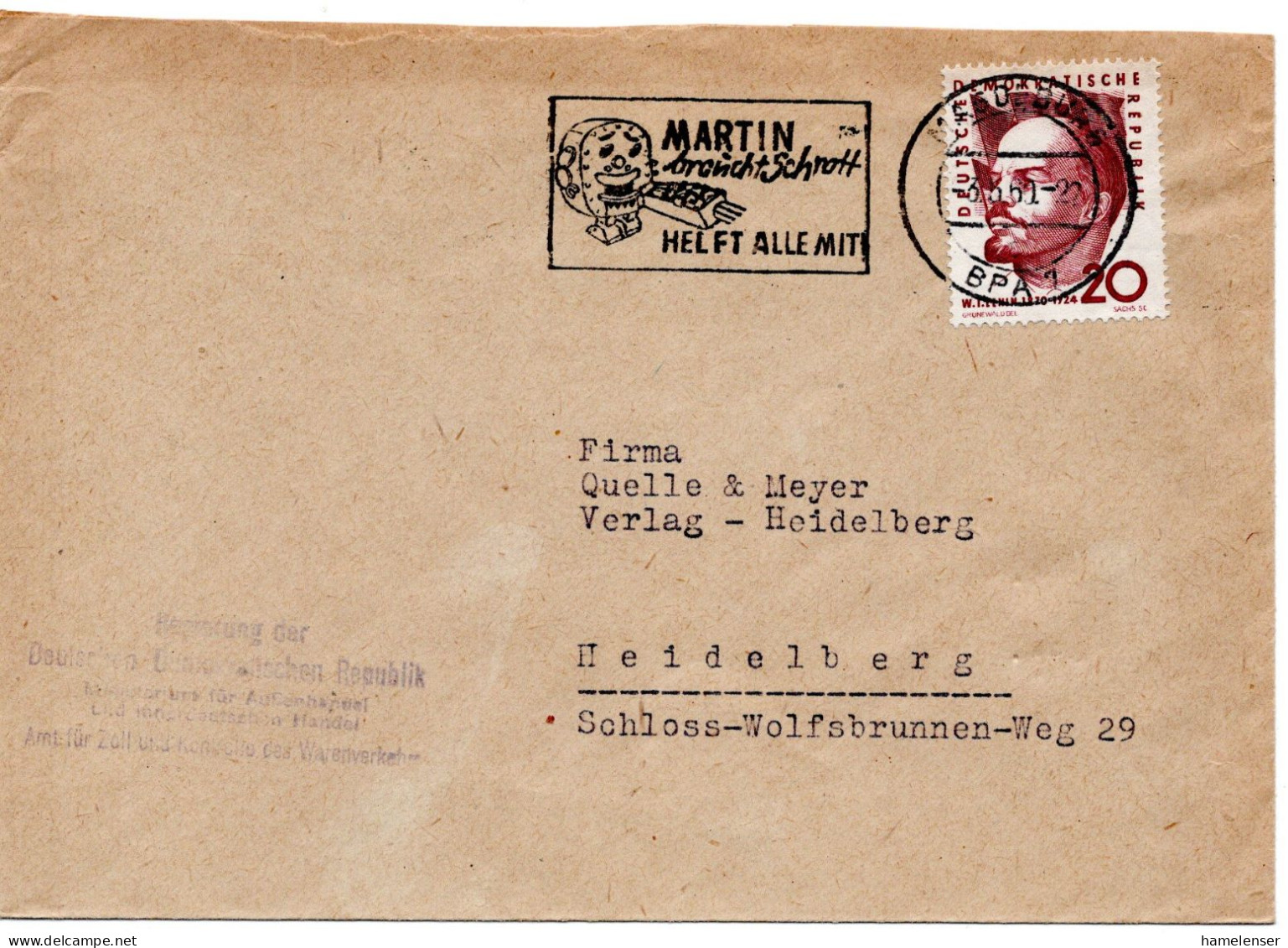 57502 - DDR - 1960 - 20Pfg Lenin EF A Bf MAGDEBURG - MARTIN BRAUCHT SCHROTT ... -> Westdeutschland - Covers & Documents