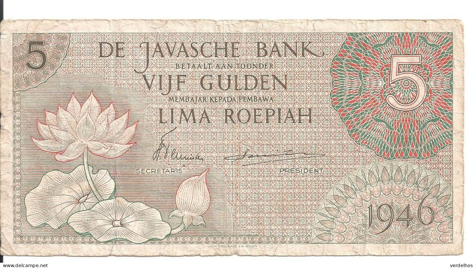 INDES NEERLANDAISES 5 GULDEN 1946 VF P 88 - Indes Neerlandesas