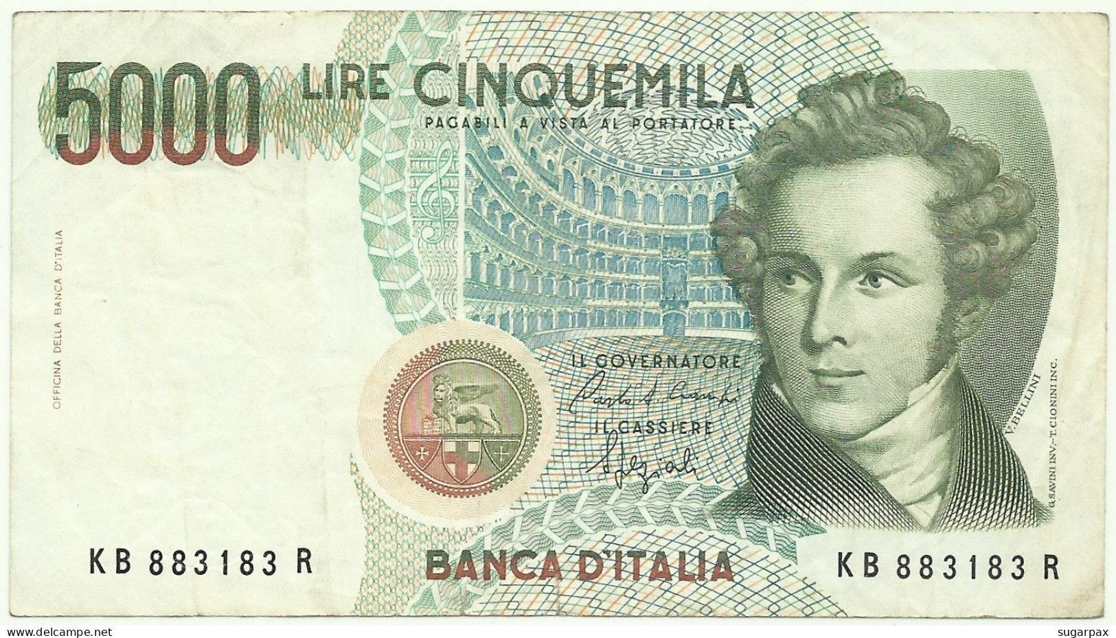 Italia - 5000 Lire - D. 04.01.1985 - Pick: 111.b- Serie KB - V. Bellini - Ciampi & Speziali - 5.000 - 5000 Lire
